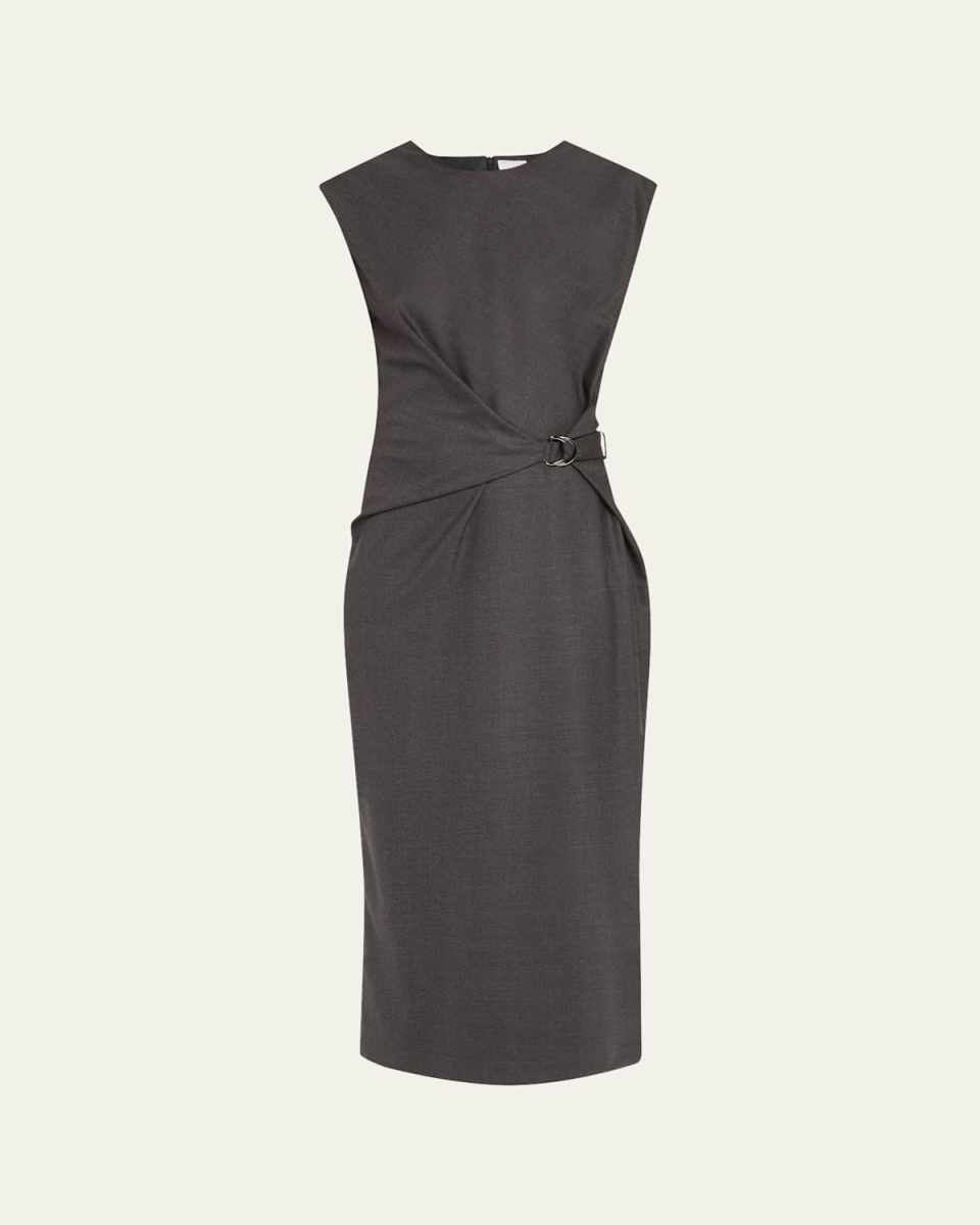Sleeveless Stretch Twill Wool Wrap Midi Dress